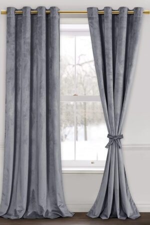 Grey Velvet Curtains 96 inches for Living Room - Thermal Insualted Room Darkening Grommet Thick Velvet Window Drapes for Bedroom/Dining, Set of 2 with Tiebacks, W52 x L96