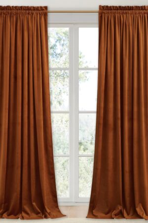 Burnt Orange Velvet Curtains 96 inches Long, Living Room Light Blocking Privacy Velour Window Drapes for Patio Sliding Door/Dining Room/Nursery, W52 x L96, 2 Panels