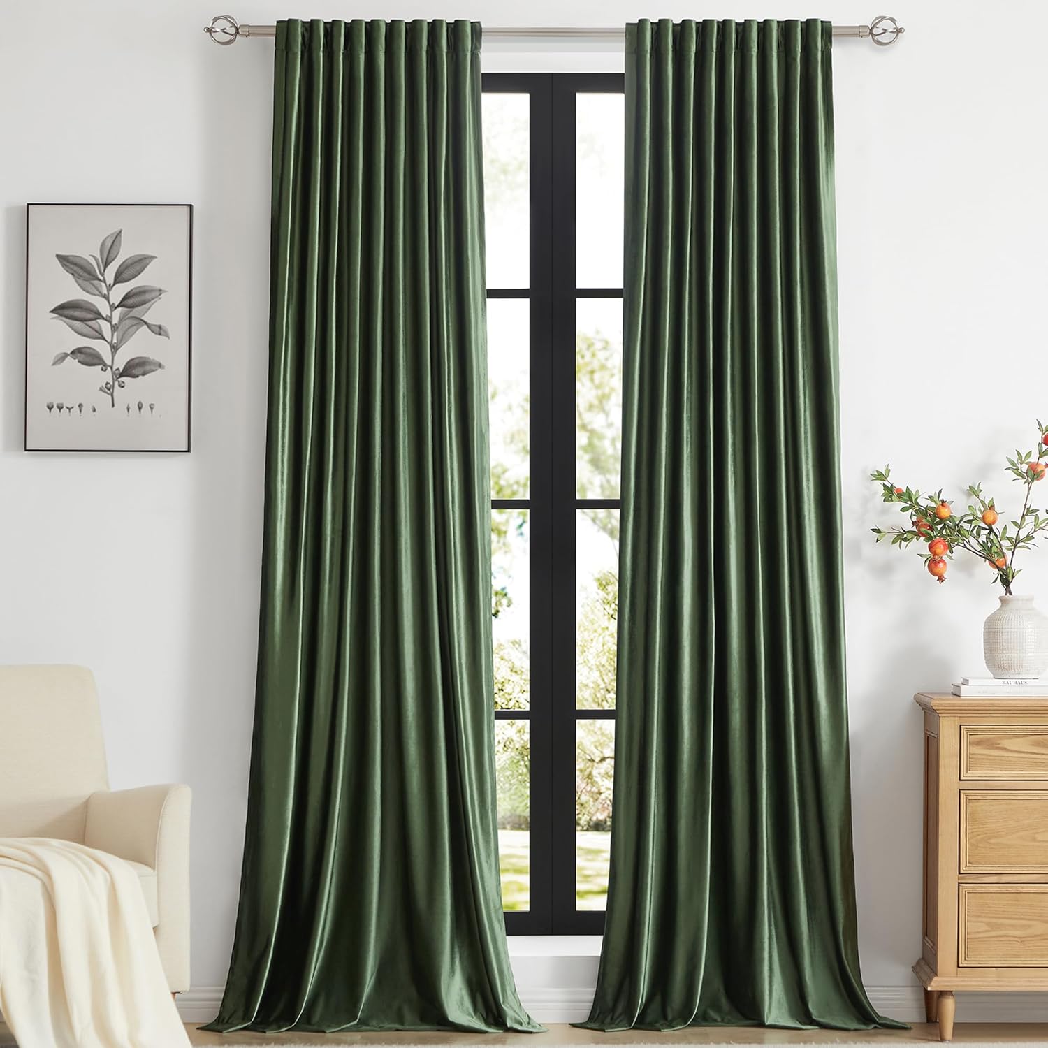 Emerald Olive Green Velvet Curtains 96 inch Long for Living Room,Set of 2 Panels Blackout Rod Pocket Back Tab Window Treatment Room Darkening Heavy Decorative Curtains Drapes for Bedroom